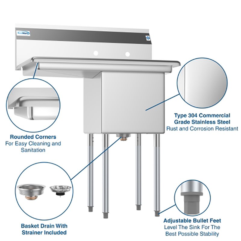 Koolmore 15x15x12 Left NSF Stainless Steel Kitchen Prep/Utility Sink in Silver
