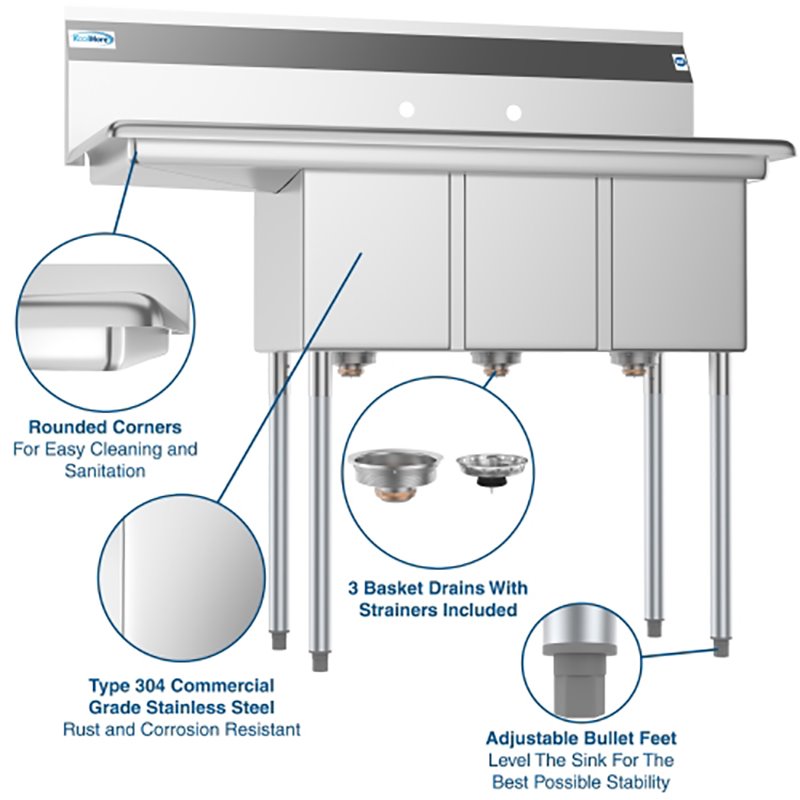 Koolmore 10x14x10 Left 3-Compartment Stainless Steel Kitchen Sink in Silver