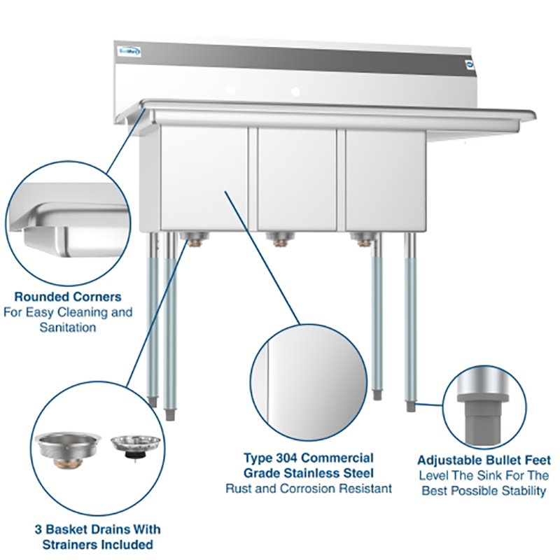 Koolmore 10x14x10 Right 3-Compartment Stainless Steel Kitchen Sink in Silver