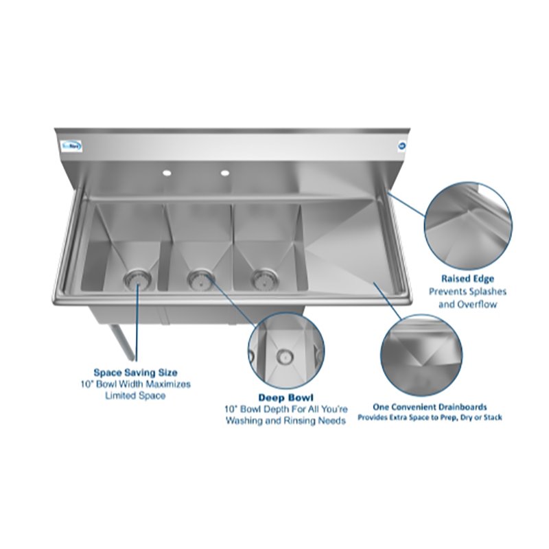 Koolmore 10x14x10 Right 3-Compartment Stainless Steel Kitchen Sink in Silver