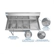 Koolmore 10x14x10 Right 3-Compartment Stainless Steel Kitchen Sink in Silver
