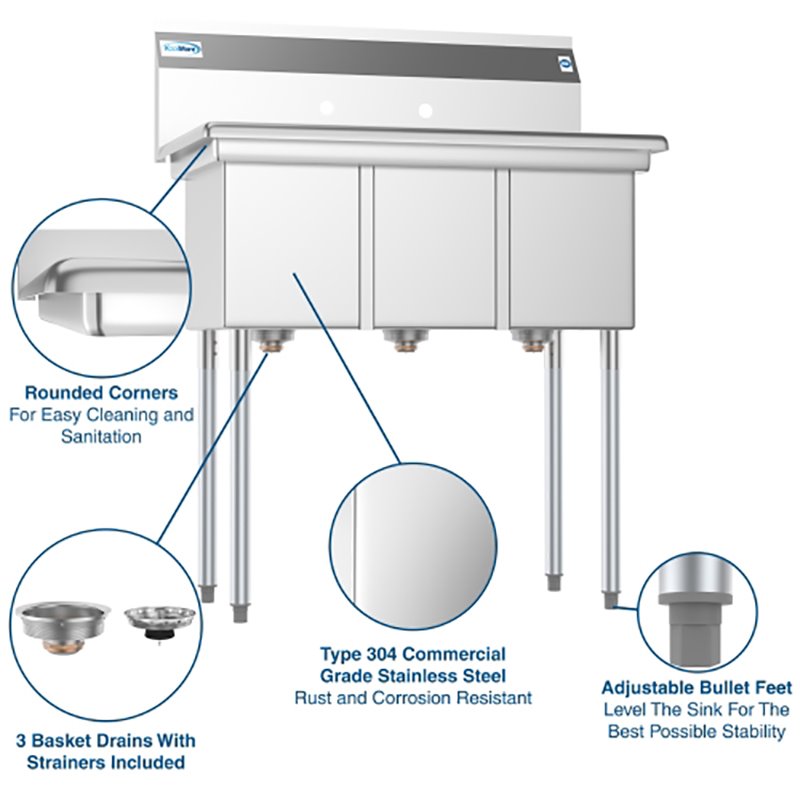 Koolmore 10x14x10 NSF 3-Compartment Stainless Steel Kitchen Sink in Silver