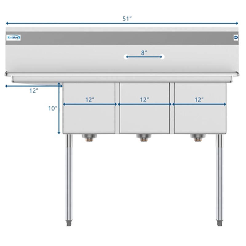Koolmore 12x16x10 Left 3-Compartment Stainless Steel Kitchen Sink in Silver