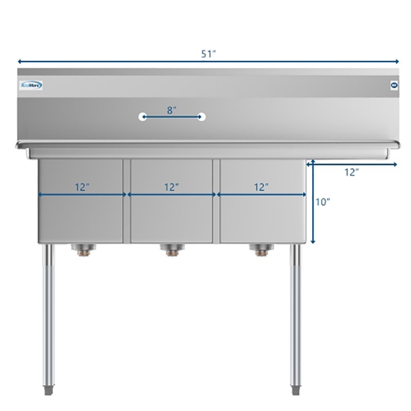 Koolmore 12x16x10 Right 3-Compartment Stainless Steel Kitchen Sink in Silver