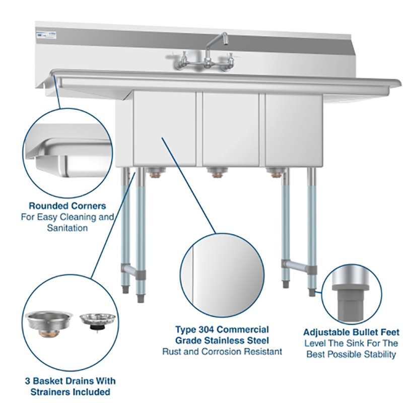 Koolmore 10x14x10 3-Compartment Stainless Steel Kitchen Sink & Faucet in Silver