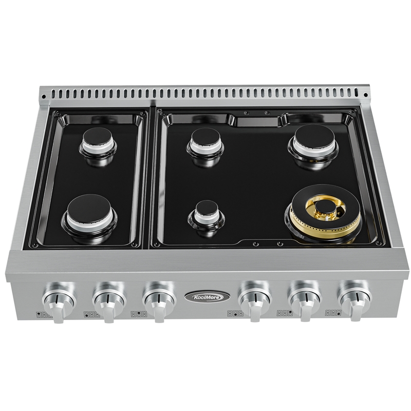 36 in Gas Range-Top with 6 Sealed Italian Burners and Stainless-Steel Knobs.