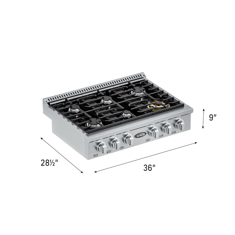 36 in Gas Range-Top with 6 Sealed Italian Burners and Stainless-Steel Knobs.