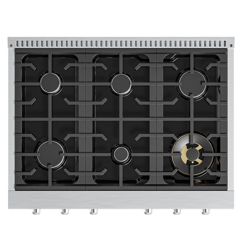 36 in Gas Range-Top with 6 Sealed Italian Burners and Stainless-Steel Knobs.