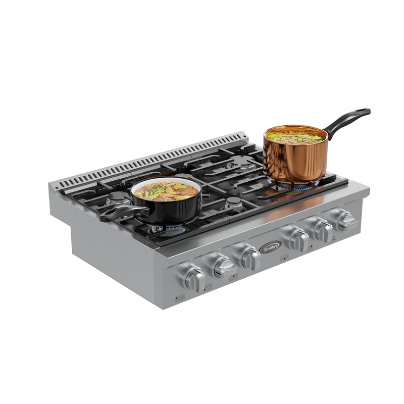 36 in Gas Range-Top with 6 Sealed Italian Burners and Stainless-Steel Knobs.