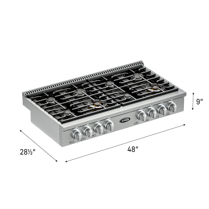 48 in Gas Range-Top with 8 Sealed Italian Burners and Stainless-Steel Knobs.