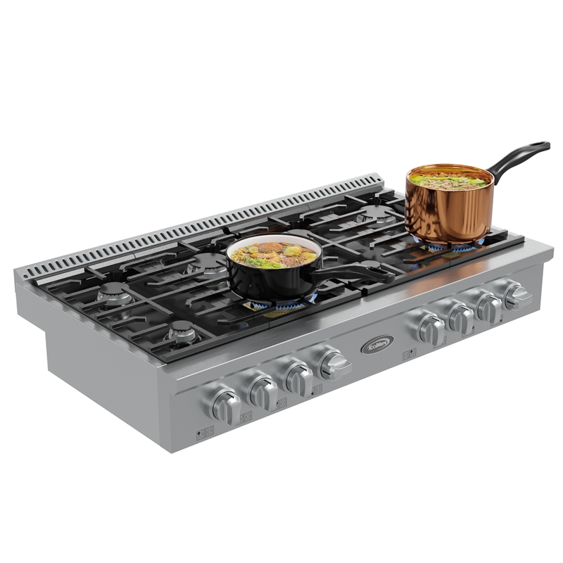 48 in Gas Range-Top with 8 Sealed Italian Burners and Stainless-Steel Knobs.