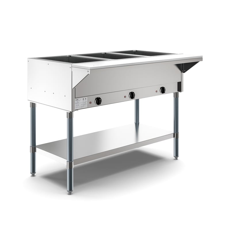 Three Pan Open Well Electric Steam Table with Undershelf