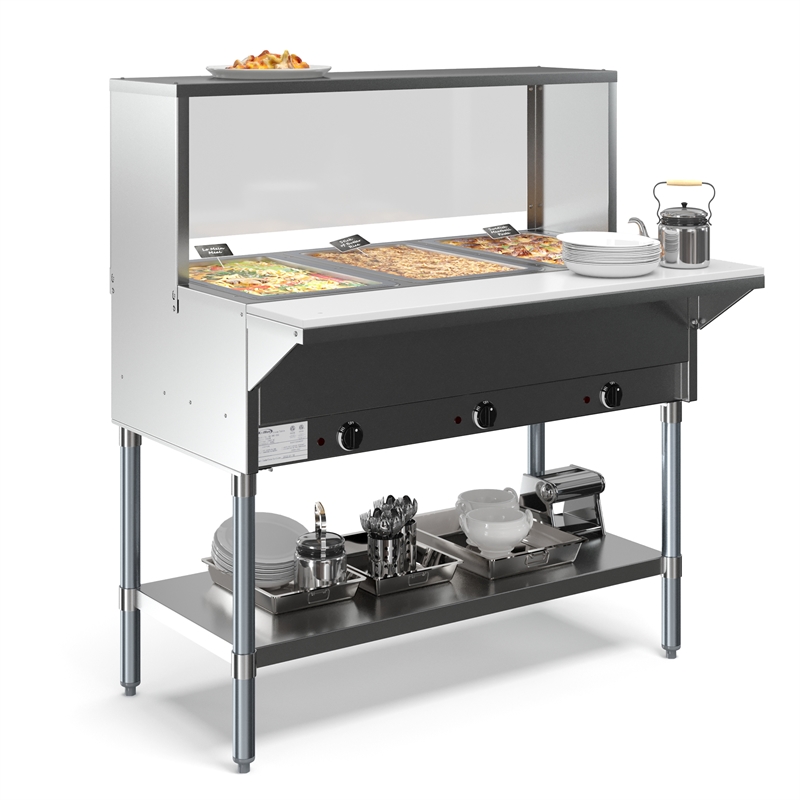 Three Pan Open Well Electric Steam Table with Undershelf and Sneeze-Guard