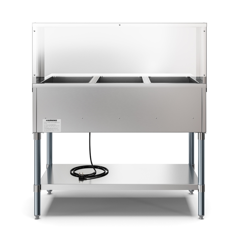 Three Pan Open Well Electric Steam Table with Undershelf and Sneeze-Guard