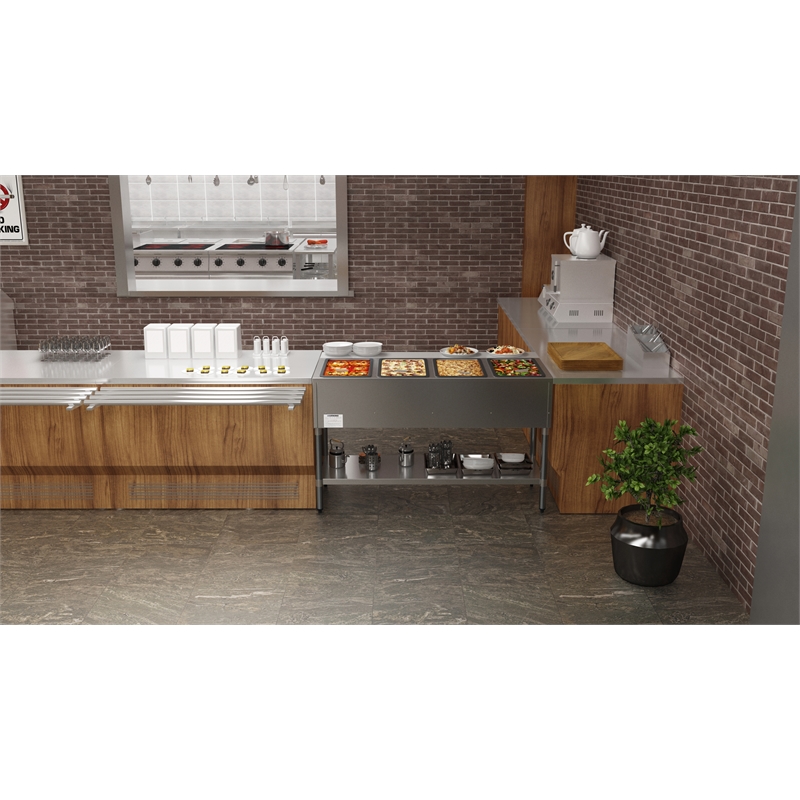 Four Pan Open Well Electric Steam Table with Undershelf
