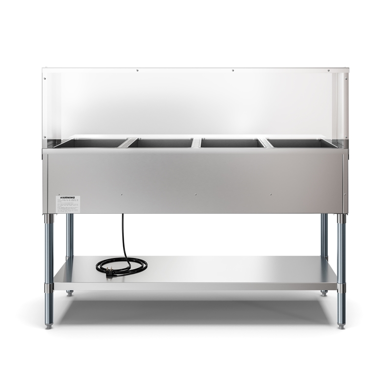 Four Pan Open Well Electric Steam Table with Undershelf and Sneeze-Guard