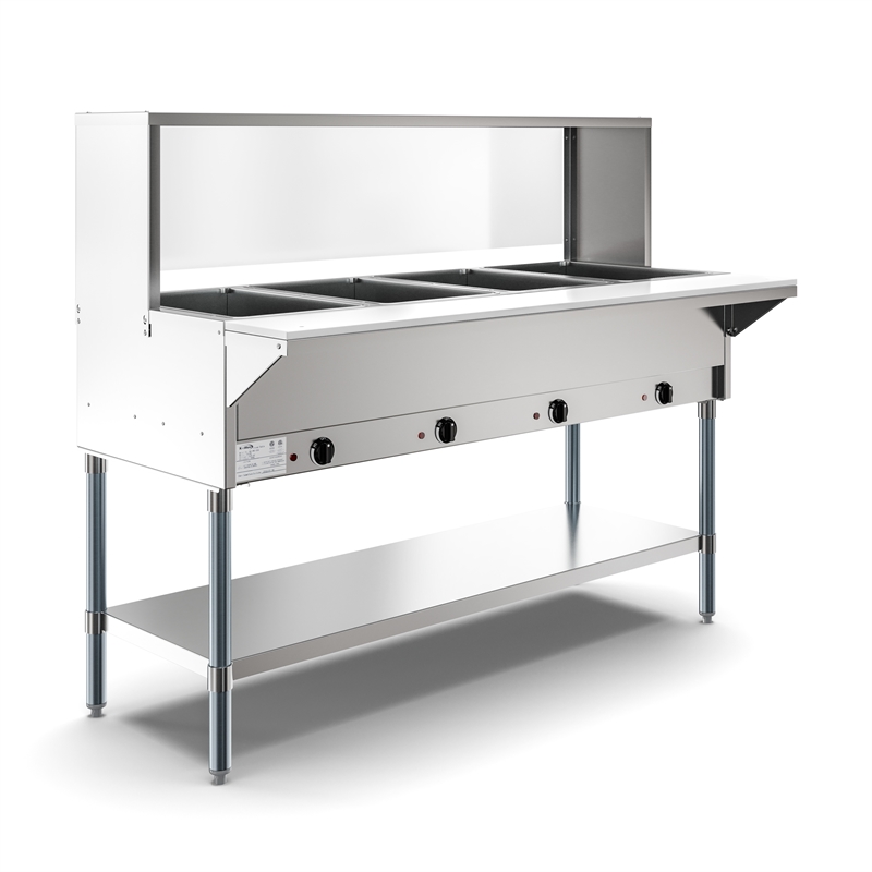 Four Pan Open Well Electric Steam Table with Undershelf and Sneeze-Guard