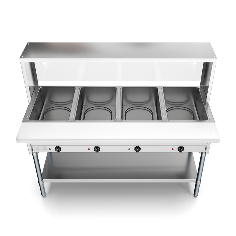 Four Pan Open Well Electric Steam Table with Undershelf and Sneeze-Guard