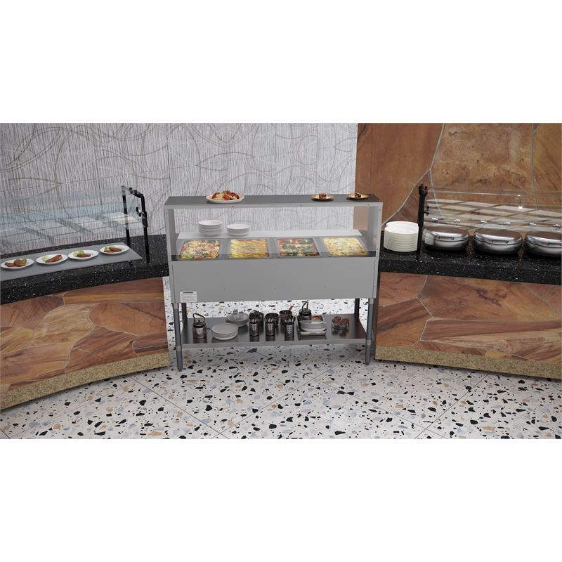Four Pan Open Well Electric Steam Table with Undershelf and Sneeze-Guard