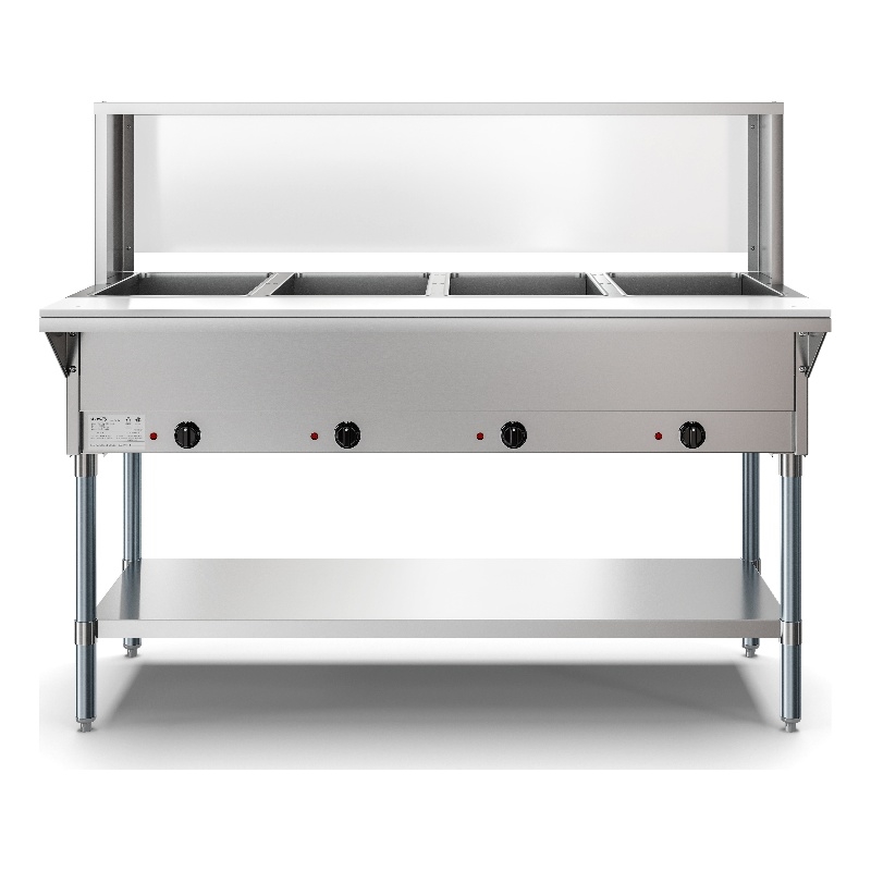 Four Pan Open Well Electric Steam Table with Undershelf and Sneeze-Guard