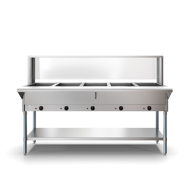 Five Pan Open Well Electric Steam Table with Undershelf and Sneeze-Guard 240V