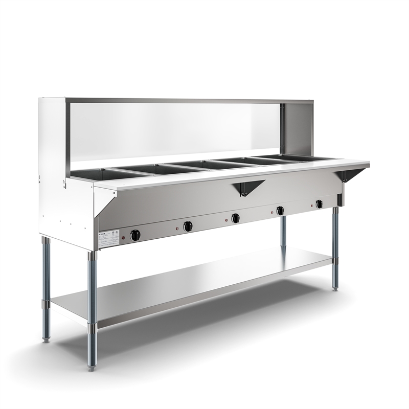 Five Pan Open Well Electric Steam Table with Undershelf and Sneeze-Guard 240V
