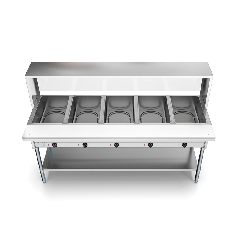 Five Pan Open Well Electric Steam Table with Undershelf and Sneeze-Guard 240V