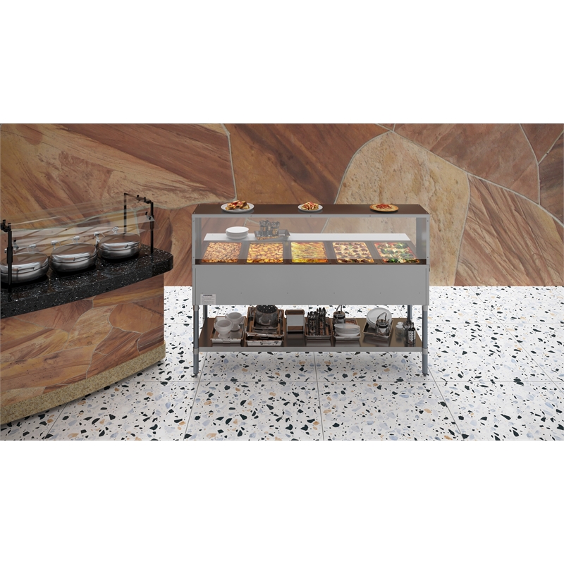 Five Pan Open Well Electric Steam Table with Undershelf and Sneeze-Guard 240V