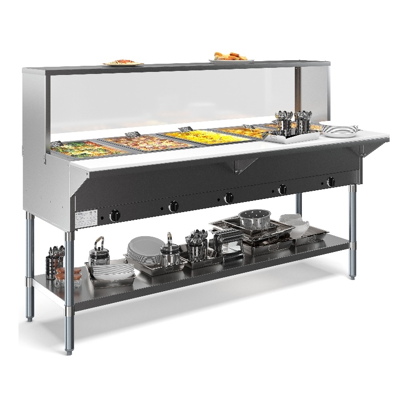 Five Pan Open Well Electric Steam Table with Undershelf and Sneeze-Guard 240V