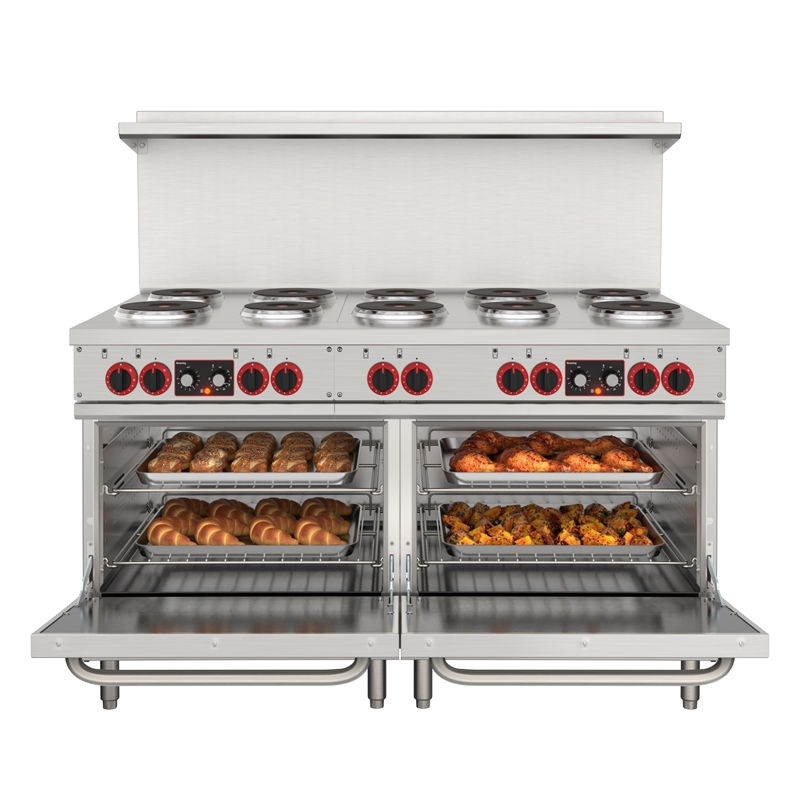 60 In. Commercial Electric Range with 10 Burners and 2 Standard Electric Ovens