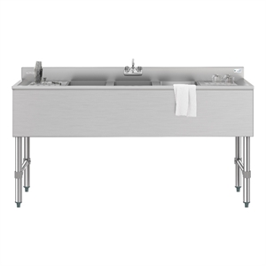 60&quot Three-Compartment Commercial Bar-Sink with 3&quot Backsplash Dual Drainboards