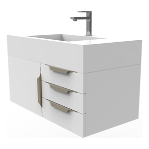Castello USA Nile 36&quot White Wood Floating Vanity with White Top and Gold Trim