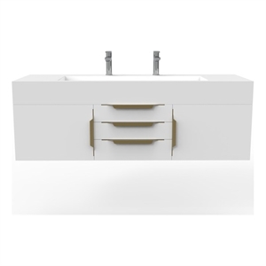 Nile 60&quot White Wood Floating Vanity with White Top and Gold Trim