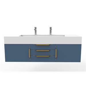 Nile 60&quot Blue Wood Floating Vanity with White Top and Gold Trim
