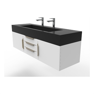 Nile 60&quot White Wood Floating Vanity with Black Top and Gold Trim
