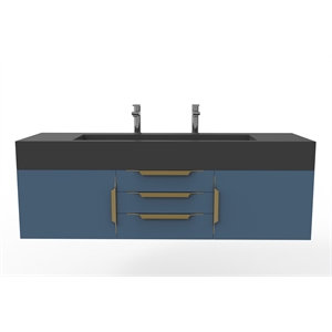 Nile 60&quot Blue Wood Floating Vanity with Black Top and Gold Trim