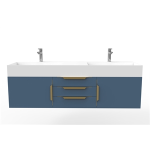 Amazon 60&quot Blue Wood Floating Vanity with White Top and Gold Trim