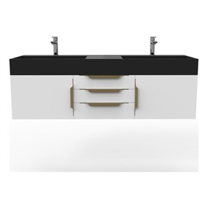 Amazon 60&quot White Wood Floating Vanity with Black Top and Gold Trim