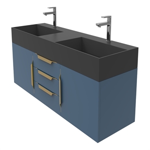 Amazon 60&quot Blue Wood Floating Vanity with Black Top and Gold Trim