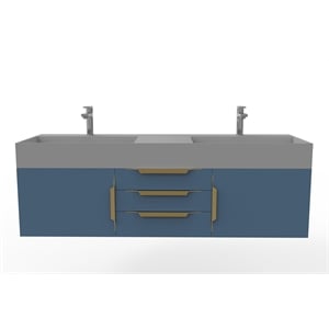 Amazon 60&quot Blue Wood Floating Vanity with Gray Top and Gold Trim