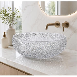 Moonshell 17&quot Tempered Glass Circular Bathroom Vessel Sink in Clear