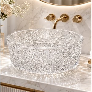Stadium 16&quot Clear Tempered Glass Circular Bathroom Vessel Sink