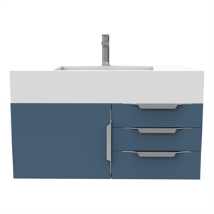 Nile 36&quot Blue Wood Floating Vanity with White Top and Brushed Nickel Trim