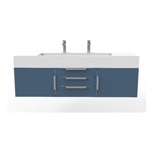Nile 60&quot Blue Wood Floating Vanity with White Top and Brushed Nickel Trim