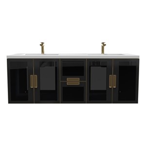 Solaria 60&quot Blue Wood Floating Vanity with White Top and Glass Facade