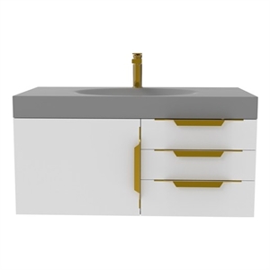 Thames 36&quot Soild Surface Stone Bathroom White Vanity Set - Gray Top In Gold
