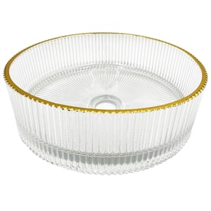 Cowrie 14&quot Tempered Glass Circular Vessel Bathroom Sink - Clear with Gold Rim