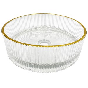 Cowrie 16&quot Tempered Glass Circular Vessel Bathroom Sink - Clear with Gold Rim