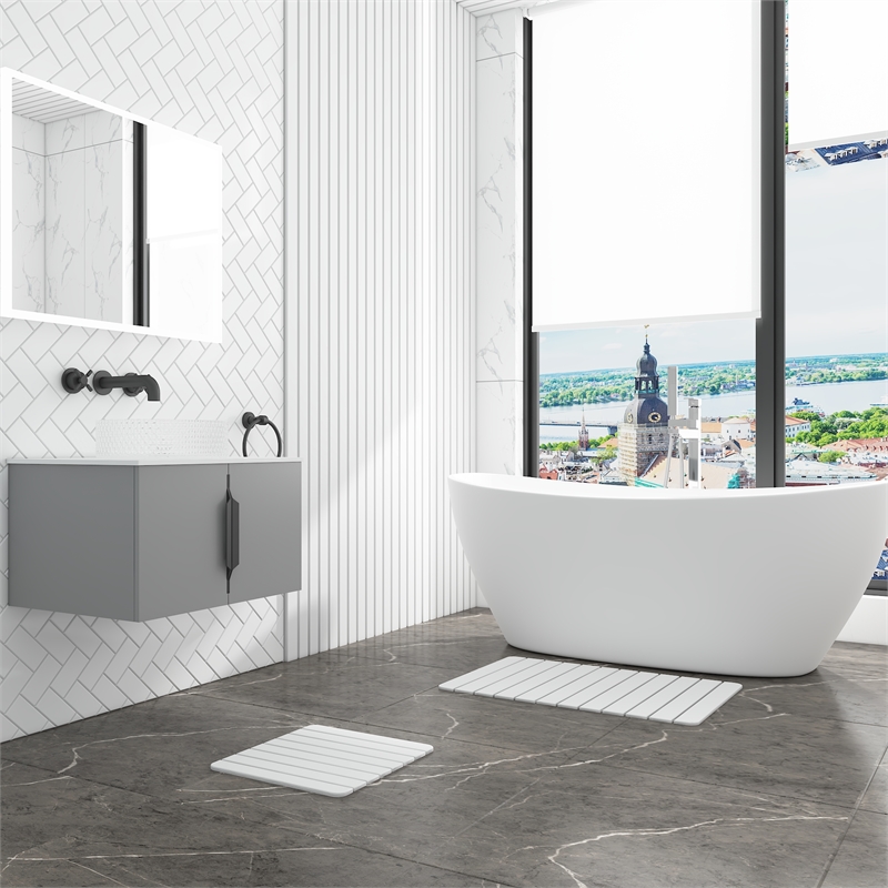Diatomite Stone Quick-Dry Water Absorbing Bath Mat Sets-Large + Small White Mats