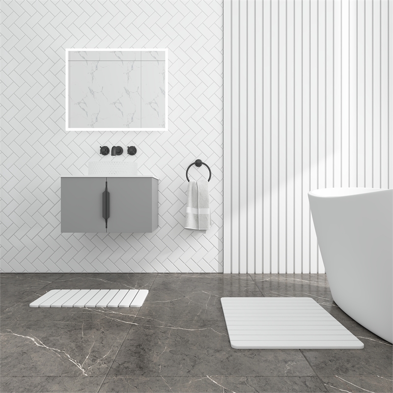 Diatomite Stone Quick-Dry Water Absorbing Bath Mat Sets-Large+Medium White Mats